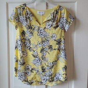 ELLE FLORAL BLOUSE SHORT SLEEVE SPLIT NECK FLOWY BUTTER YELLOW NAVY BLUE SIZE XS